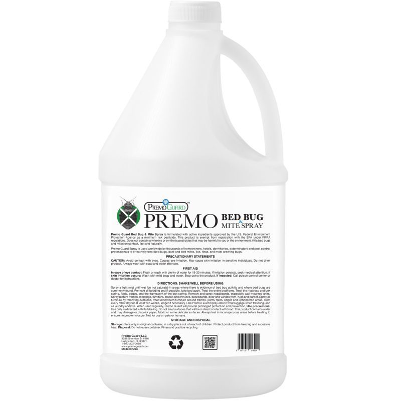 PremoBedBug MiteKiller LiceKillerSpray 128ounce NaturalNonToxic Safe Eco Friendly listing image bottle back ingredients effective against bed bugs bird mites